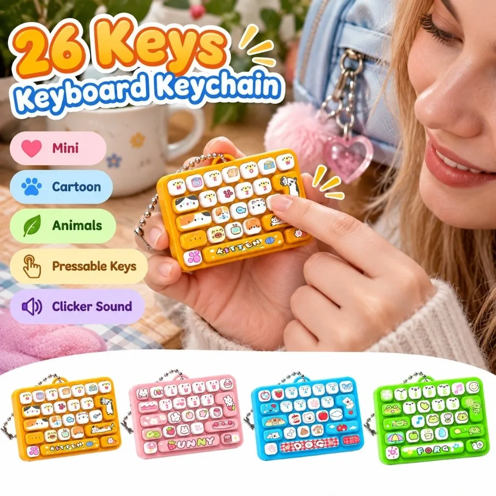 Mini 26 Keys Keyboard Keychain Cartoon Pressable Keys Keyboard Clicker Keychain Creative Relaxed Fingertip Button Keyring