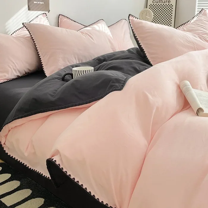 4Pcs Two-tone Washed Cotton Bedding Set, Solid Brushed Fabric, Flat Sheet / Fitted Sheet Option, Duvet Cover & Pillowcases