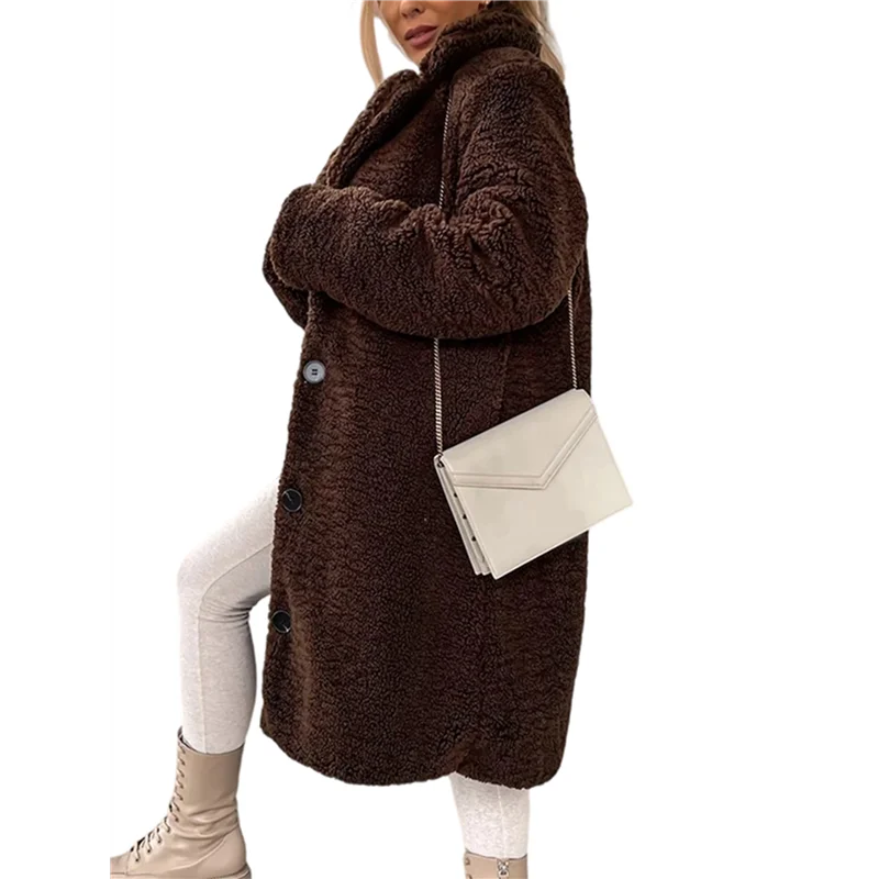 

ABUN-женское повседневное пальто с длинными рукавами и пуговицами, осеннее и зимнее плюшевое пальто, длинное пальто
