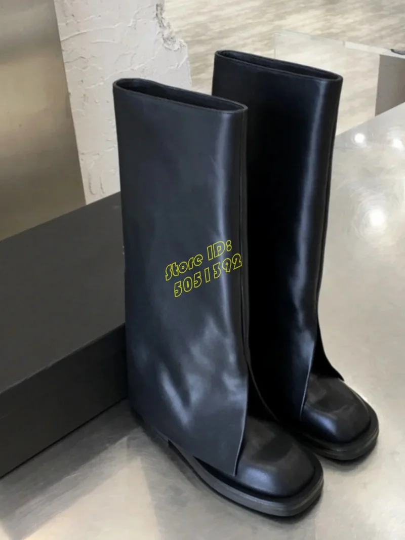 

Turn Over Leather Knee High Boots Matte Black Round Toe Low Heel Real Picture Handmade Fashion 2026 Winter Boots Slip On