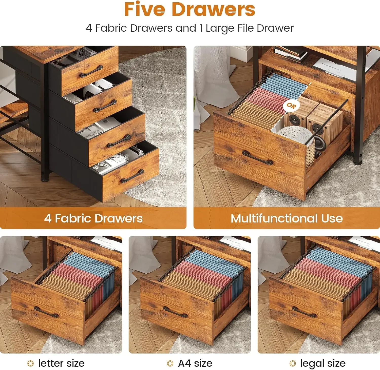 Home Office Desk with File Drawer & Power Outlet,  Storage Shelves, Monitor Shelf and Led Lights, 23.6" W Desktop Gaming