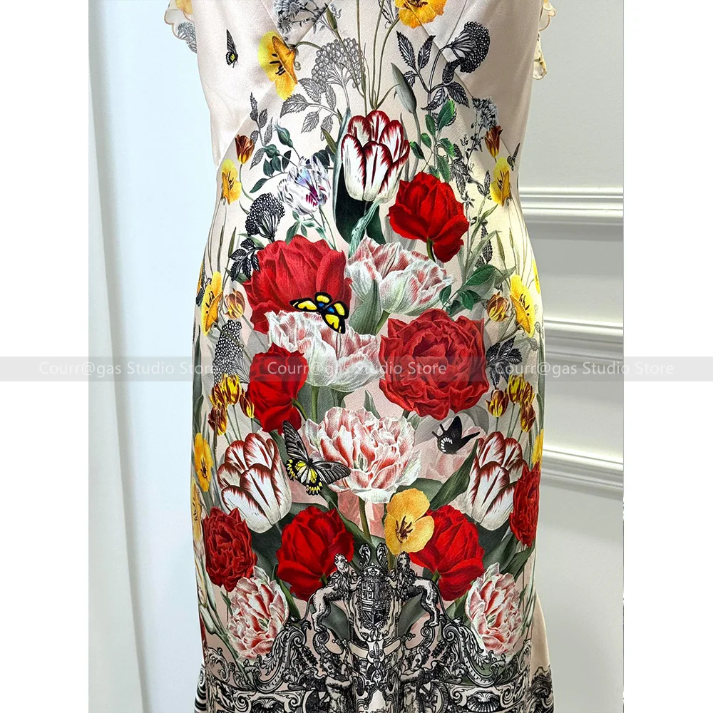 Australian niche noblewoman silk V-neck waisted printed holiday style skirt dress