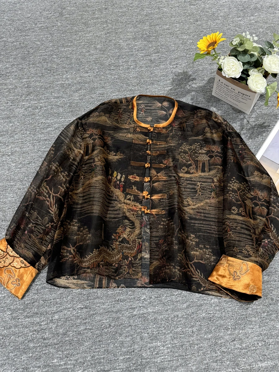 

Новая модная тенденция: Элегантный топ свободного кроя из шелкового ацетатного сатина с вышивкой в китайском стиле на манжетах рукавов, коллекция Dragon Melody