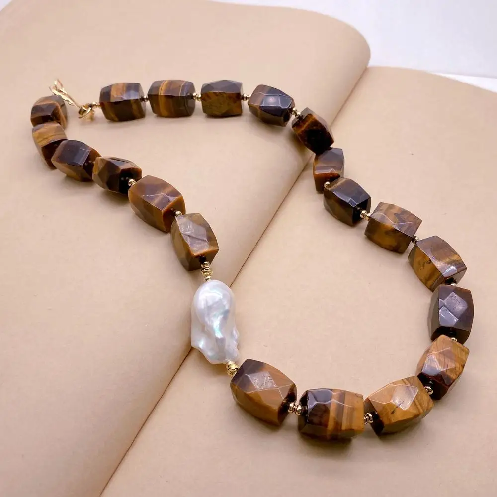 

Y·YING Natural Tiger Eye Cultured White Baroque Pearl Choker Necklace Trendy Necklaces