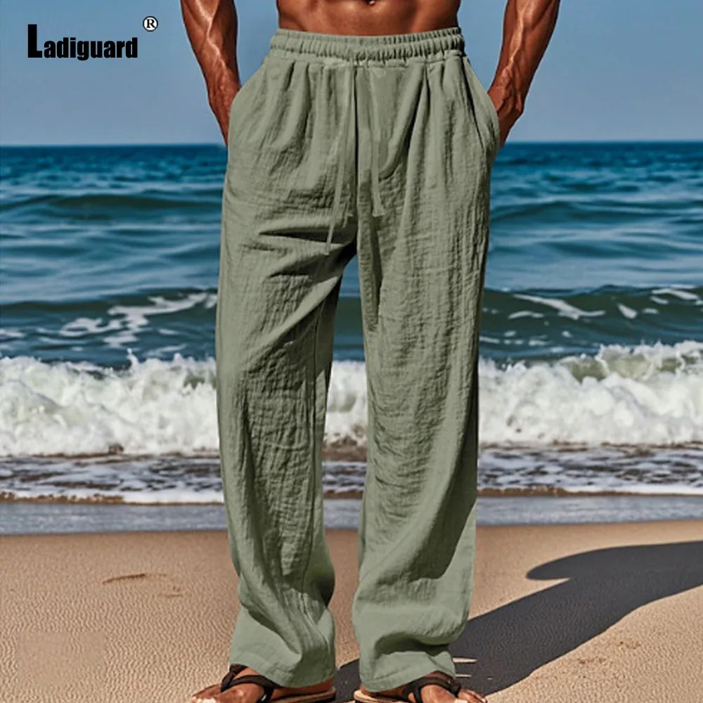 2025 Summer Casual Straight Trousers Men's Bloomers Solid Green Cotton Linen Pants Men Vintage Elastic Waist Beach Hotpants New