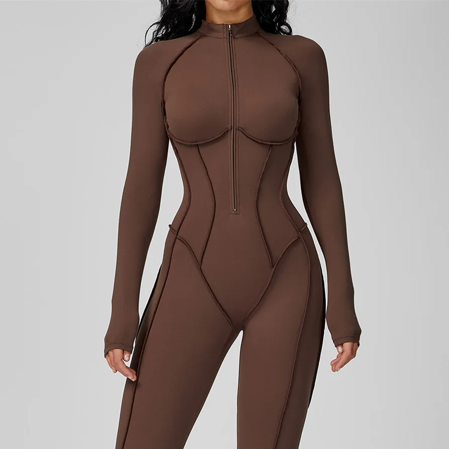 

High-intensity Bodysuit Long Sleeve Women Yoga Set Gym Zipper One-piece Jumpsuit Workout Legging Fitness Tights Sportswear XP174
