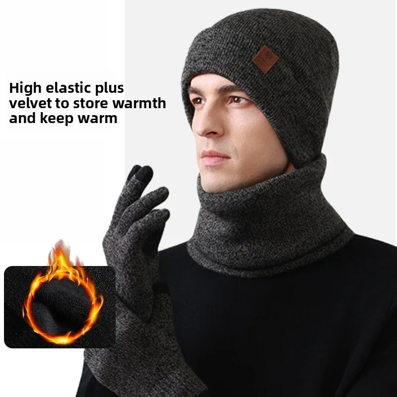 Winter Warm Three-piece Set Fleece Cold-proof Hat Scarf Gloves Outdoor Windproof Ear Protection Knitted Pullover Hat