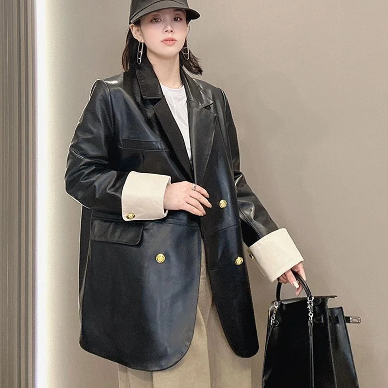 

Retro Black PU Leather Jacket Women's Autumn Korean Version Loose Casual Small Fragrance Style Color Blocked Suit for Outerwear