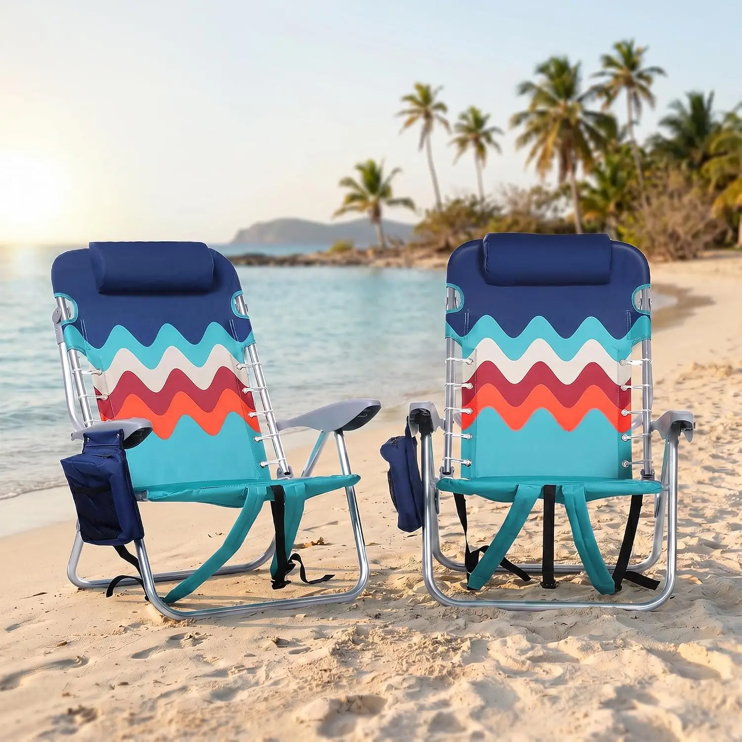 Backpack Beach Chairs 2 Pack Aluminum Lightweight Folding Reclining Sand Lounge Chair 4 Positions Lay Flat Cooler Bag Armrest Portable Camping Outdoor