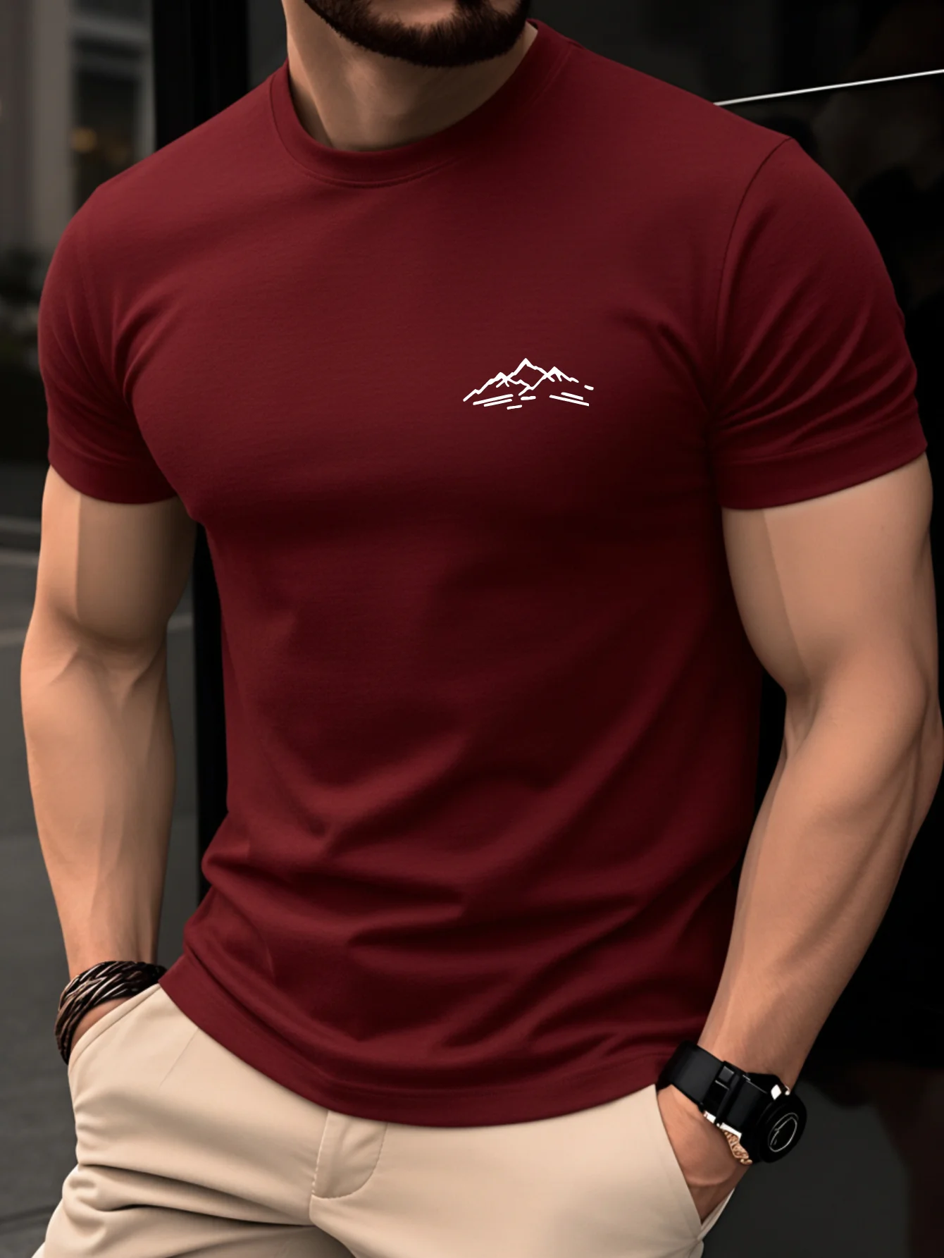 Men 100% Cotton T‑Shirt, Simple Mountain Line Graphic Print,  Round Short Sleeve, Lightweight Versatile Casual Summer Base Tops
