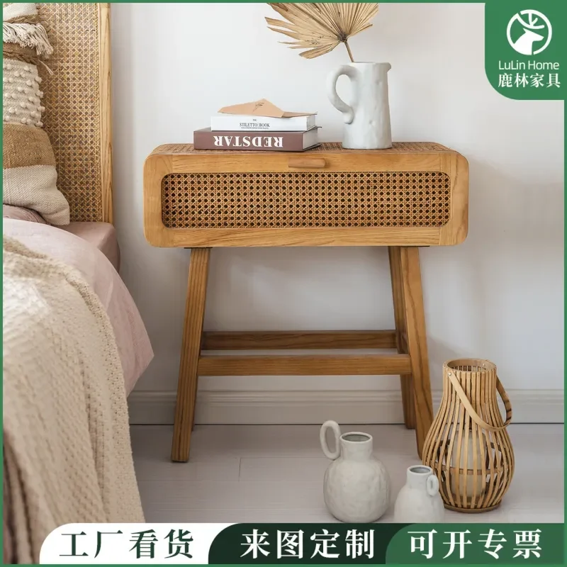 Nordic Rattan Solid Wood Bedside Table Japanese Style Nightstand Living Room Dining Side Table Storage Cabinet for Home B&B
