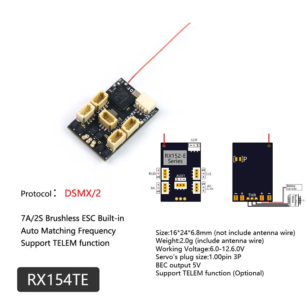 DW Hobby RX15X-E Serie Mini Micro RX 7CH Empfänger Integrierter 2S 7A Bürstenloser Regler mit TELEM 1,00-Pin-Anschlussstecker S-FHSS DMS2