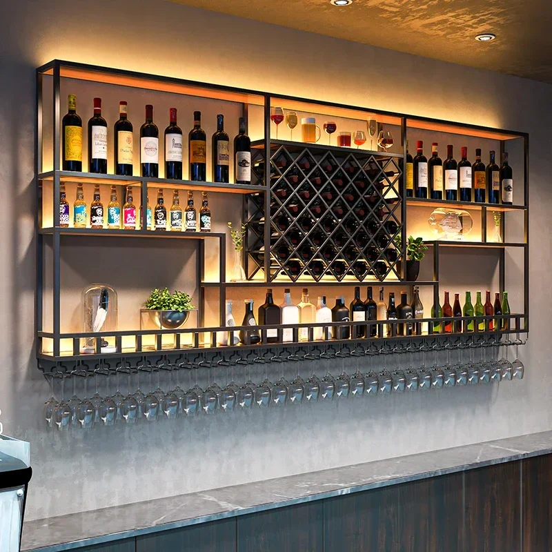 

Black Luxury Bar Cabinet Modern Wall Mount Display Houses Iron Frame Lattice Storage Wine Rack Industrial Kabinet Furniture