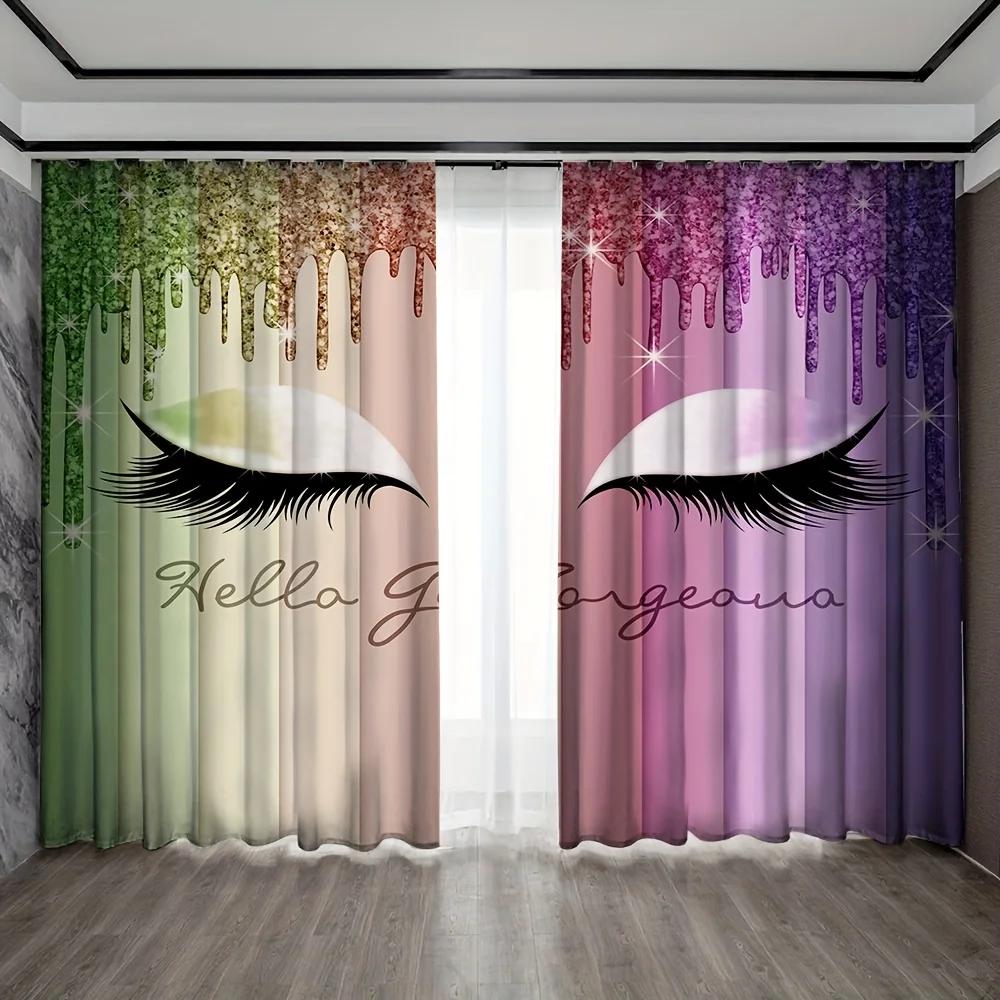 2pcs Colorful Shine Pink Eye Brow Eyeflash Print Kids Curtains for Bedroom Kitchen Living Room Door Window Treatment Home Decor