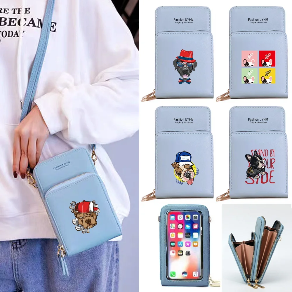 Women Shoulder Bag Pu Leather Wallet Card Pack Touch Screen Mobile Phone Bags Female Crossbody Purse Dog Print Waterproof Purses