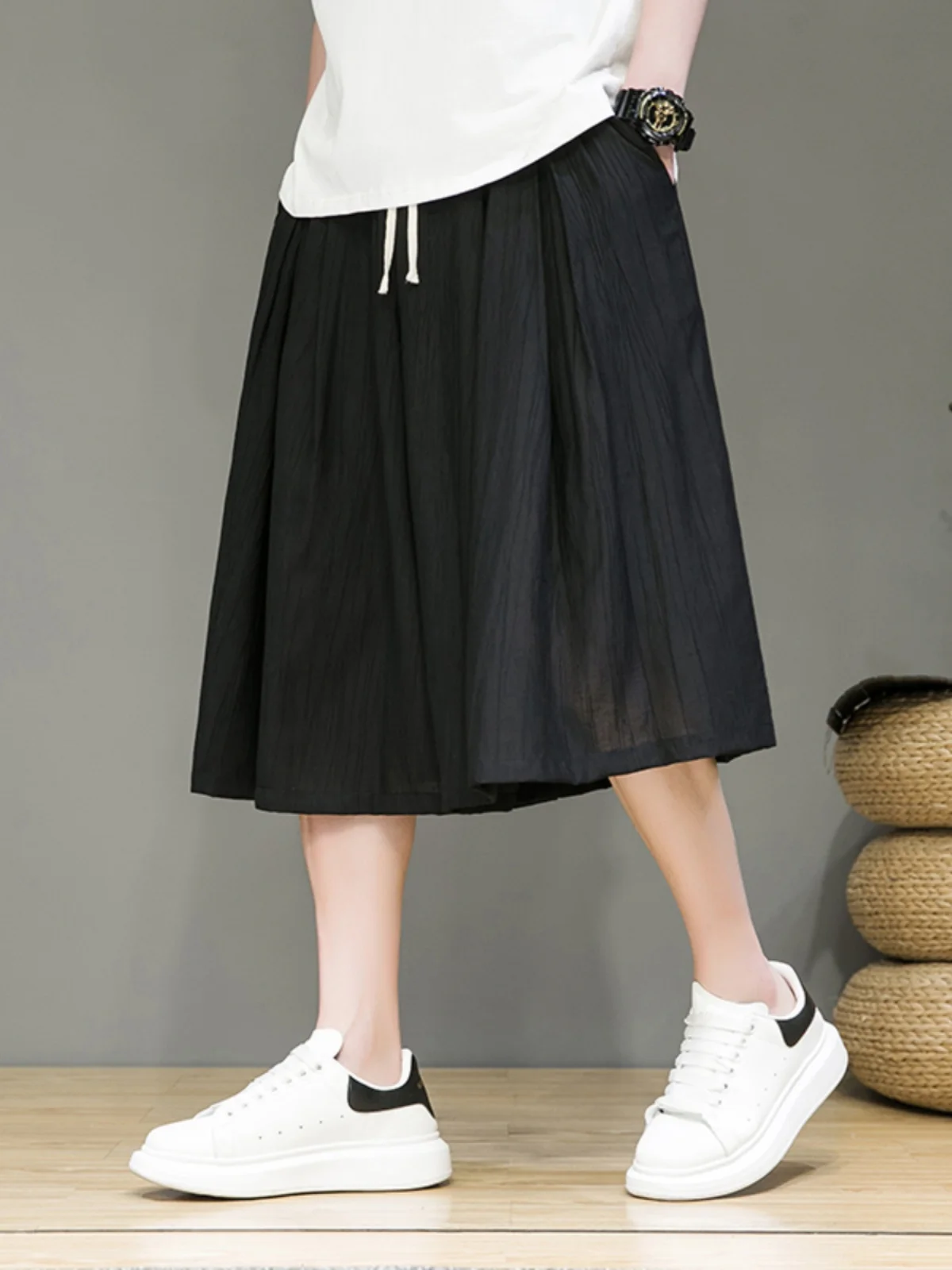 

Bla Ice Silk Men's Summer Thin Wide Leg Seven-Foot orts Loose Fit Casual Pants Trendy Brand Large Size Skirt Pants