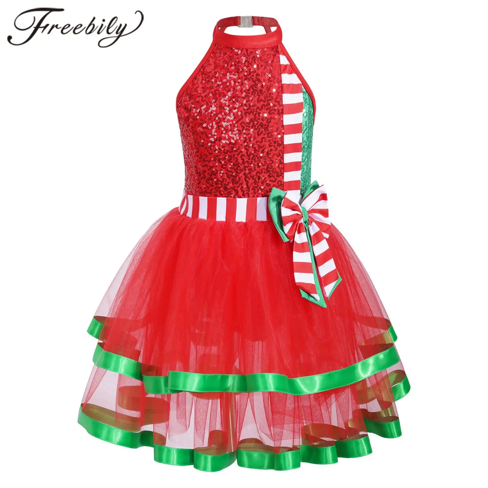 

Kids Girls Sequins Bow Ballet Dance Tutu Christmas Leotard Dress Children Xmas Carnival Party Costume Figure Skating Dress