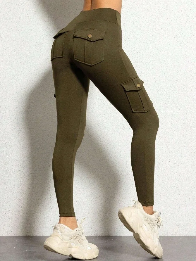 Leggings de couleur unie pour femmes, taille haute, Fitness, pantalons de Yoga, poche pratique, vêtements de travail de sport