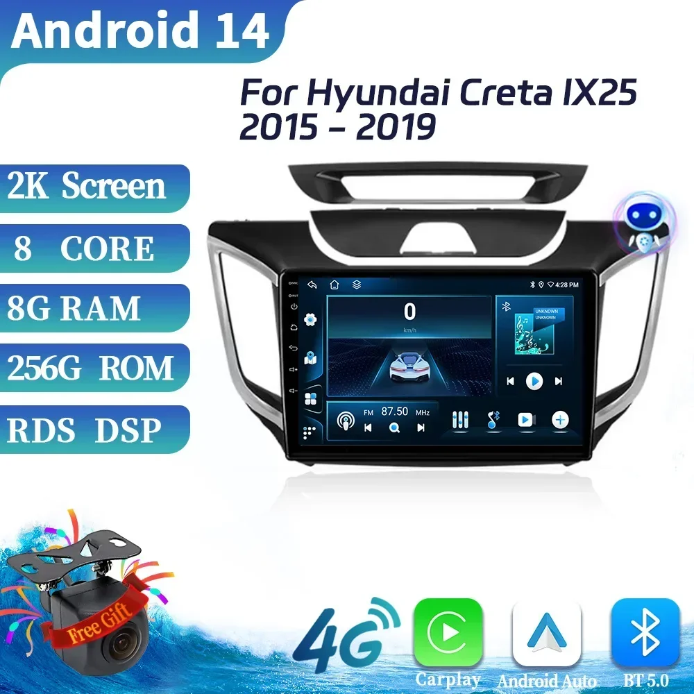 

For Hyundai Creta IX25 2015-2019 Car Radio Multimedia Video Stereo Navigation 4G GPS Android 14 Bluetooth Wirelss CarPlay Screen