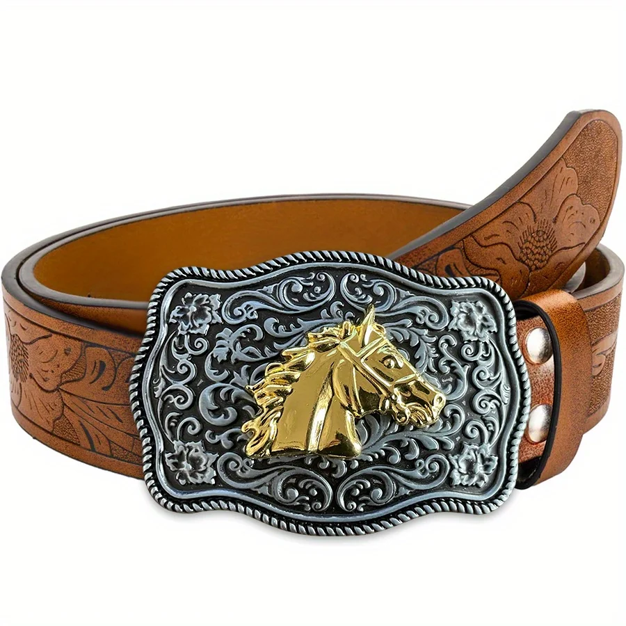 

Ремень с золотой головой лошади Тан с узором травы Изысканная резная большая пластинчатая пряжка из сплава для мужчин и женщин - нестандартный узор