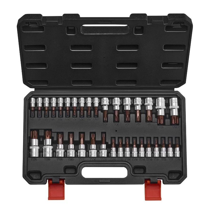 Torx Bit Socket Set 34-Piece Solid Star and Tamper Proof T6-T70 S2 Alloy Steel and Cr-V Steel 1/4 in 3/8 in and 1/2 in Drives w