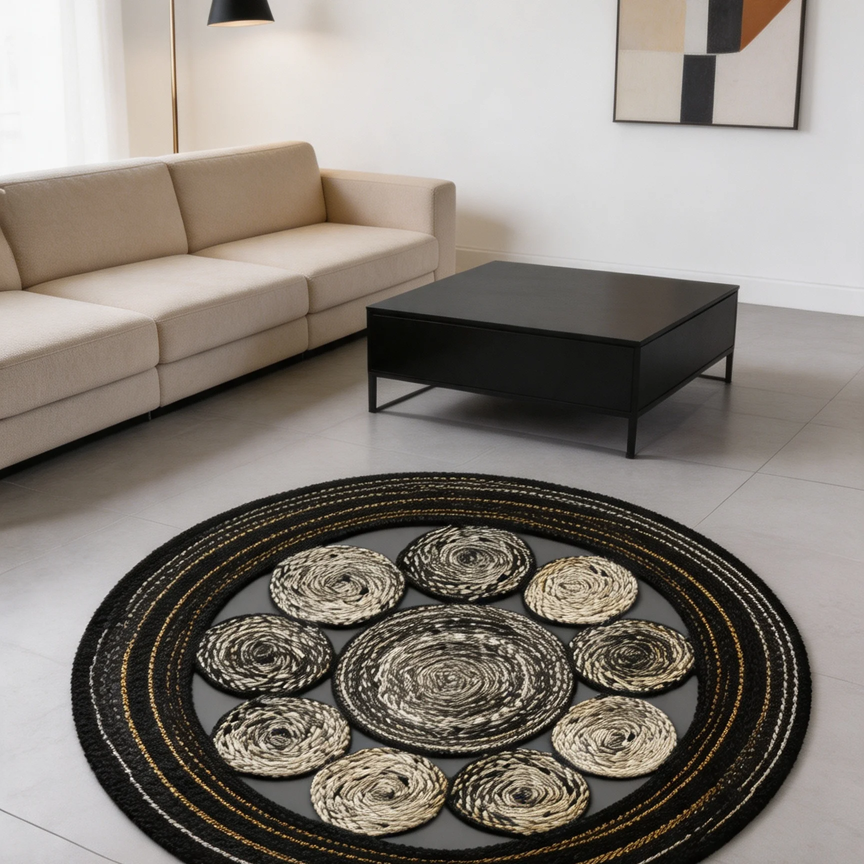 Braid Round Rug Black Gold Felt NonSlip Carpet For Living Room Bedroom Bedside Boho Straw Texture Abstract Floor Mat