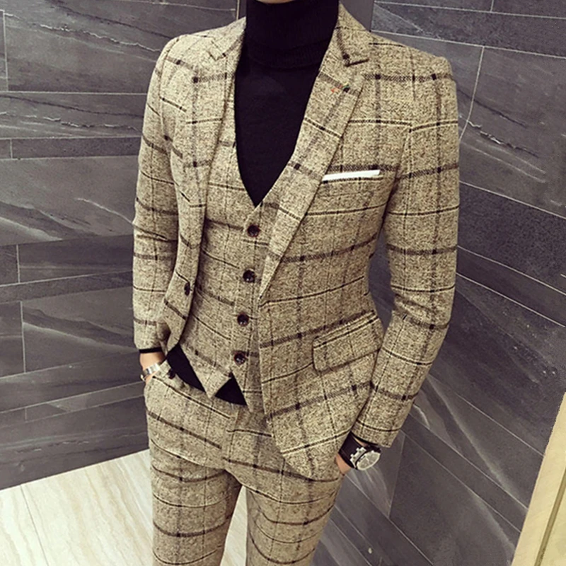 Jackets Vest Pants 2023 Men Plaid Business Blazers Male Slim Fit Pure Cotton Three-piece Suit 3 Pcs Set Plaid Groom Dress M-5XL