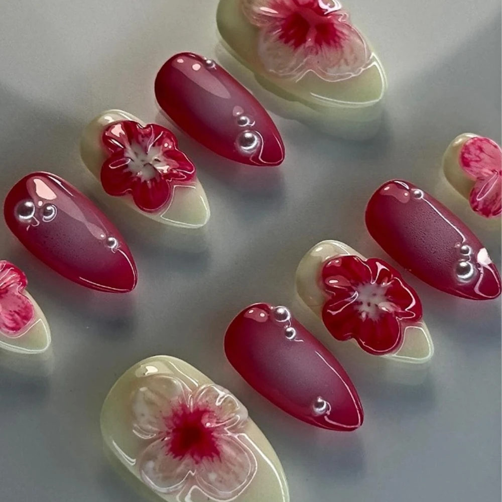 10 Stuks Handgemaakte Manicure Medium Amandelballet Nep Nagels Bloem Limiet Nagels Druk Op Nagels Ontwerp Met Zelfklevende Nagelvijl Set