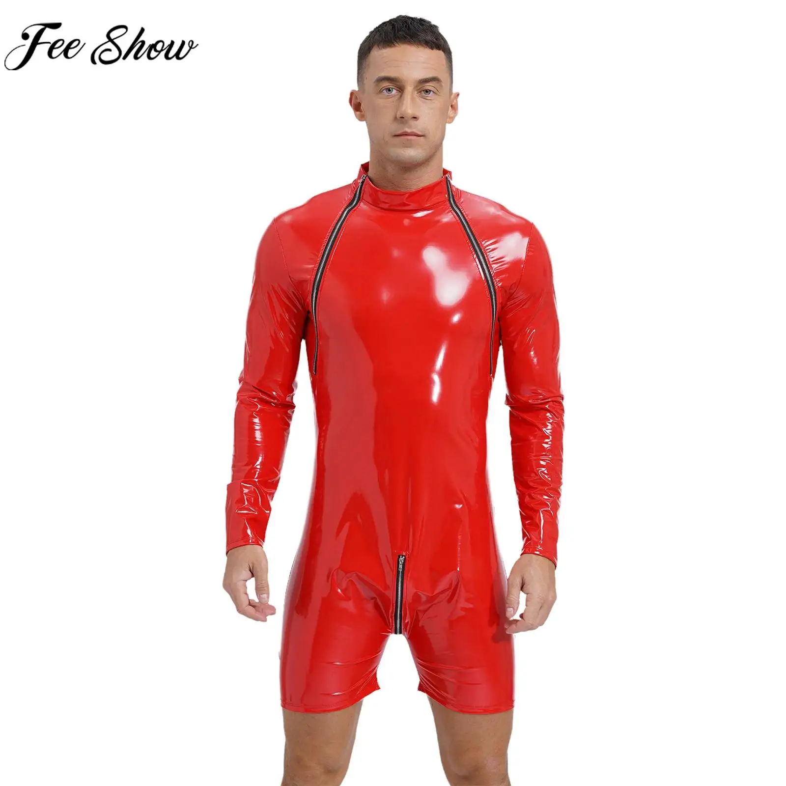 Men Pole Dancing Performance Bodysuit Long Sleeve Wet Look Patent Leather Zipper Jumpsuit for Nightclub Bar Music Festival Party