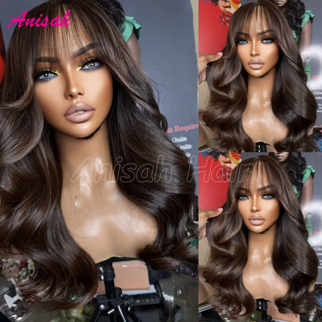 

Brazilian Raw Hair Dark Brown Colored13x4 Lace Front Human Hair Wigs With Bangs Glueless13x6 lace Wig for Women