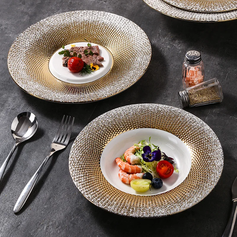 

Nordic ceramic gold plate premium pasta steak plate simple gold leaf tableware столовый сервиз тарелок