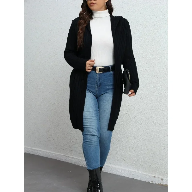 

Plus Size 1XL-5XL Women Solid Color Versatile Cardigan Top Fashionable Drawstring Knit Hooded Cardigan Casual Loose Cardigan