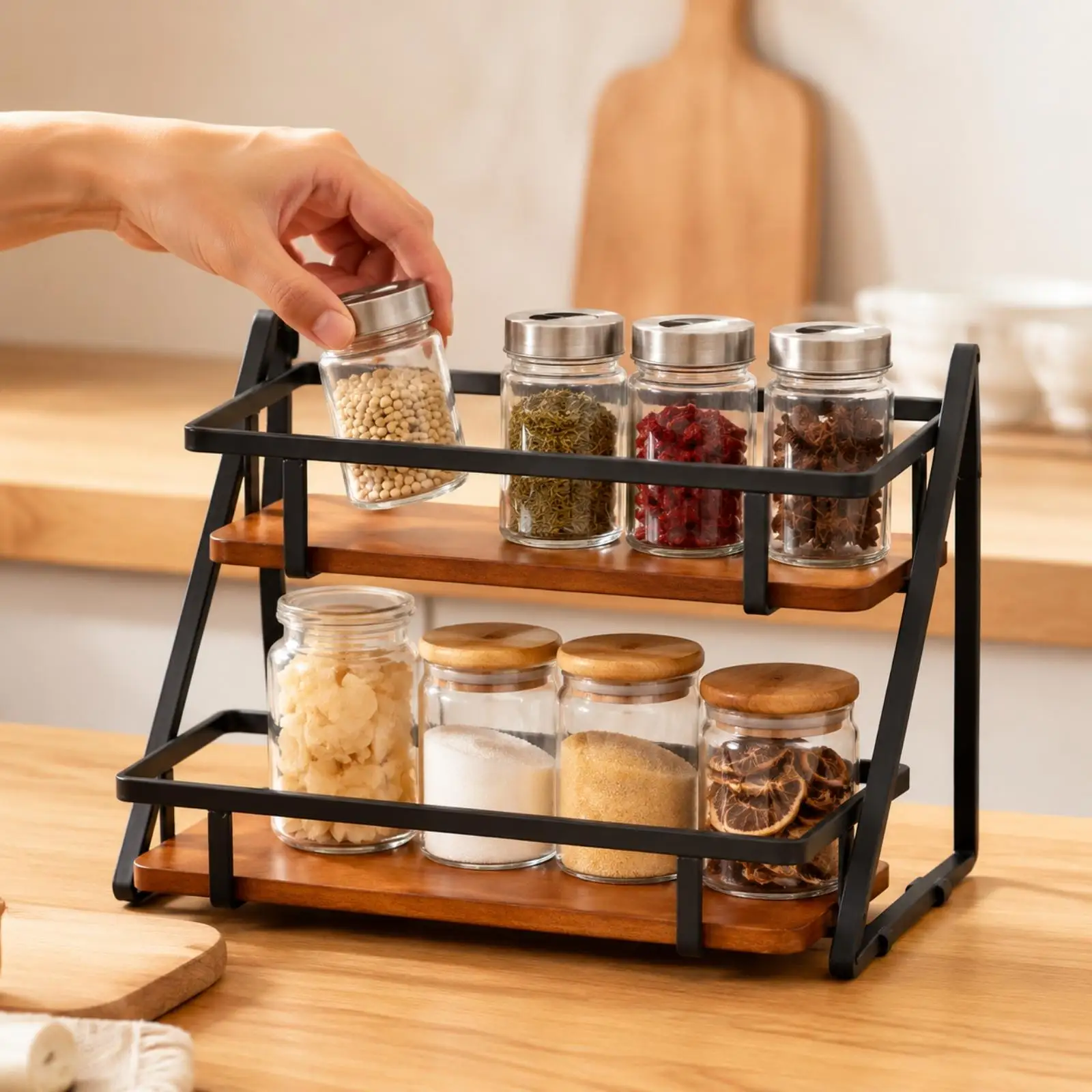 Two-Tier Countertop Storage Rack Multipurpose Countertop Rack with Raised Guard Rails Sturdy Carbon Steel Frame Organizer with
