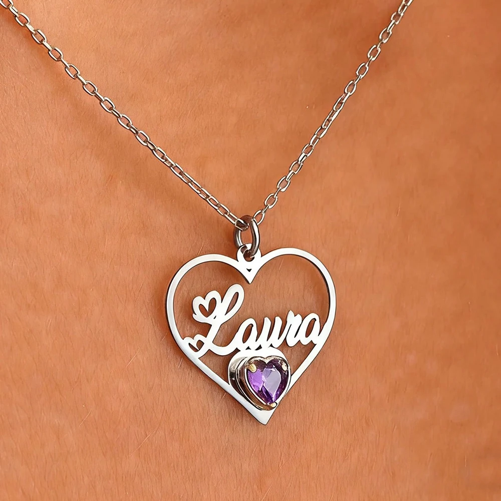 Custom Zircon Birthstone Heart Name Necklaces For Women Stainless Steel Customized Pendant Necklace Personalized Chain Jewelry