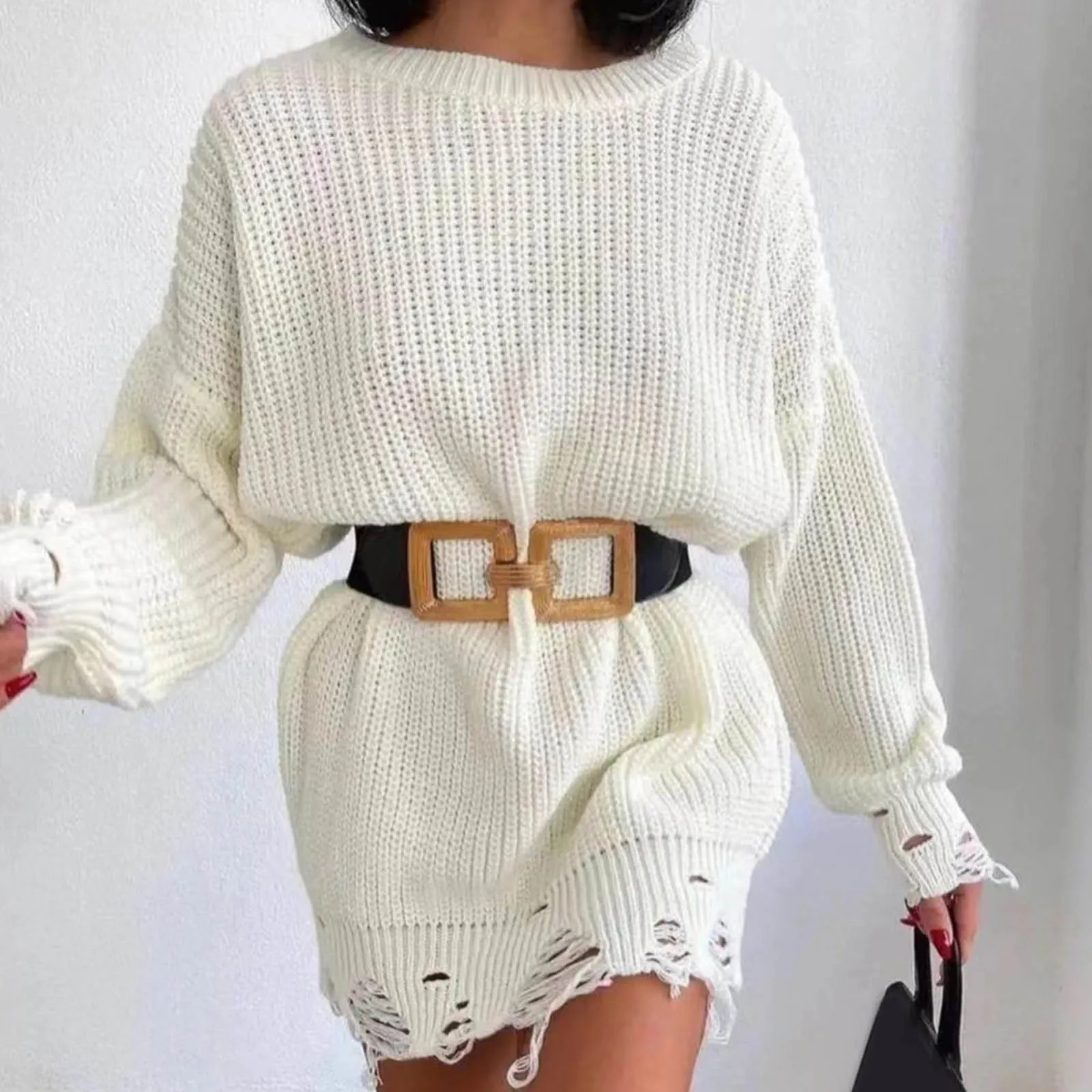 Women\'s Casual Crew Neck Long Sleeve Pullover Top Solid Color Hem Ripped Knit Sweater Fashion Office Lady Elegant Mini Dress