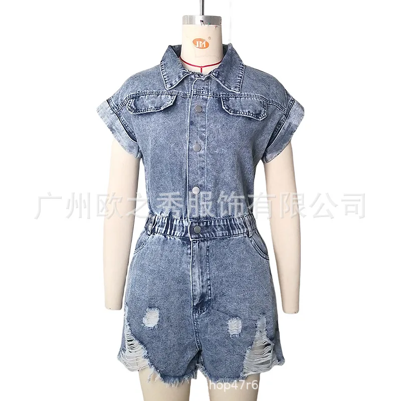 Denim Jumpsuit Women Rompers One Piece Jeans Short Pants Hole Washed Single Breasted Elastic Waist Streetwear 2025 Summer Shorts