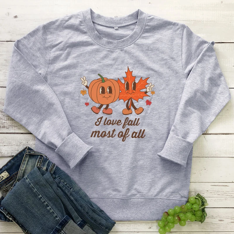 Colored I Love Fall Most of All Sweatshirt Vintage Women Long Sleeve Jumper Autumn Pumpkin Leaf Pullovers