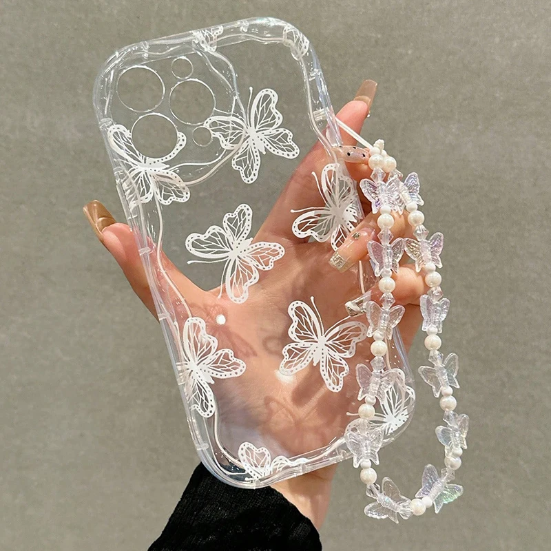 Borboleta impressa design alça de mão transparente caso telefone para xiaomi poco x7 x6 x5 f5 f6 f7 pro 5g x3 f3 m6 claro pára-choques capa
