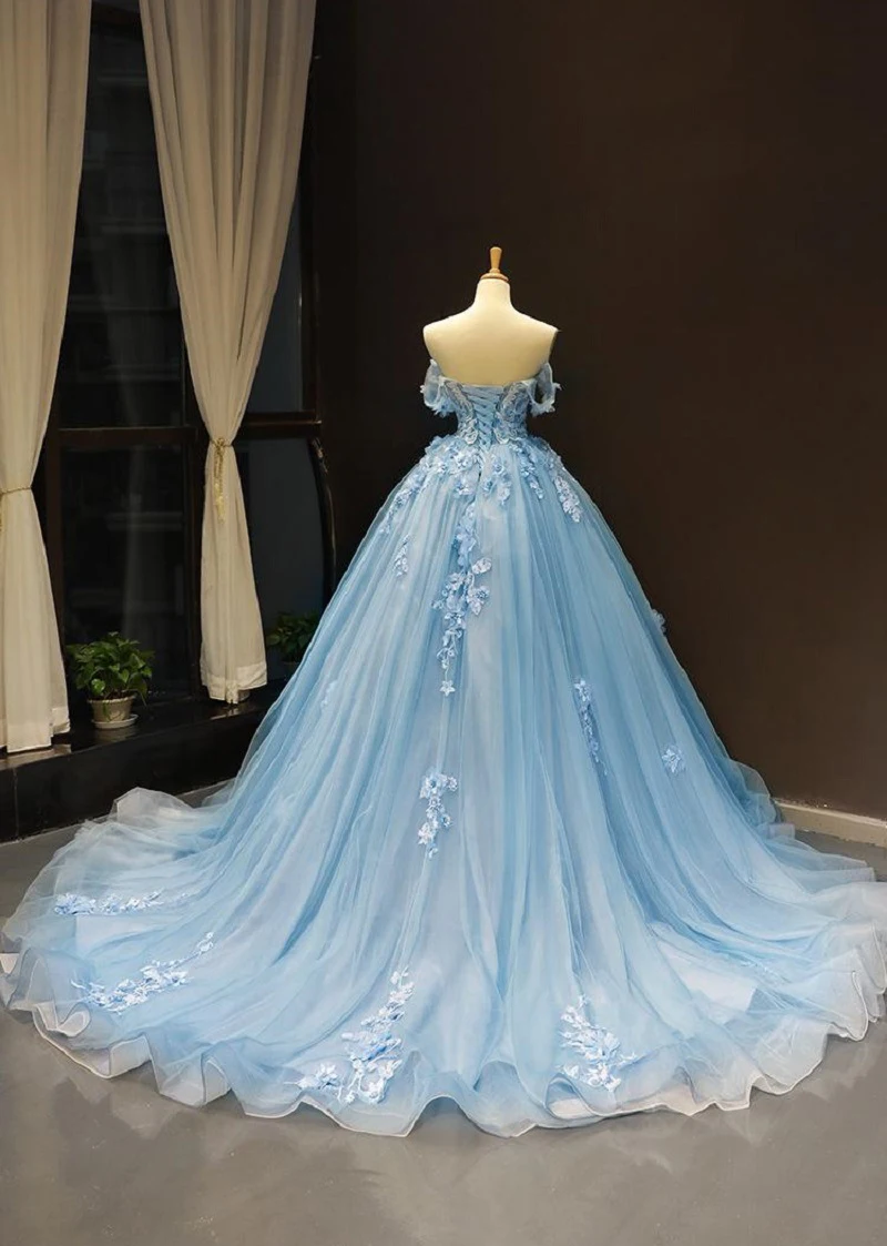 MANRAY Blue Quinceanera Dresses Off The Shoulder Princess Prom Dress Lace Appliques Ball Gown With Small Train Vestidos De 15