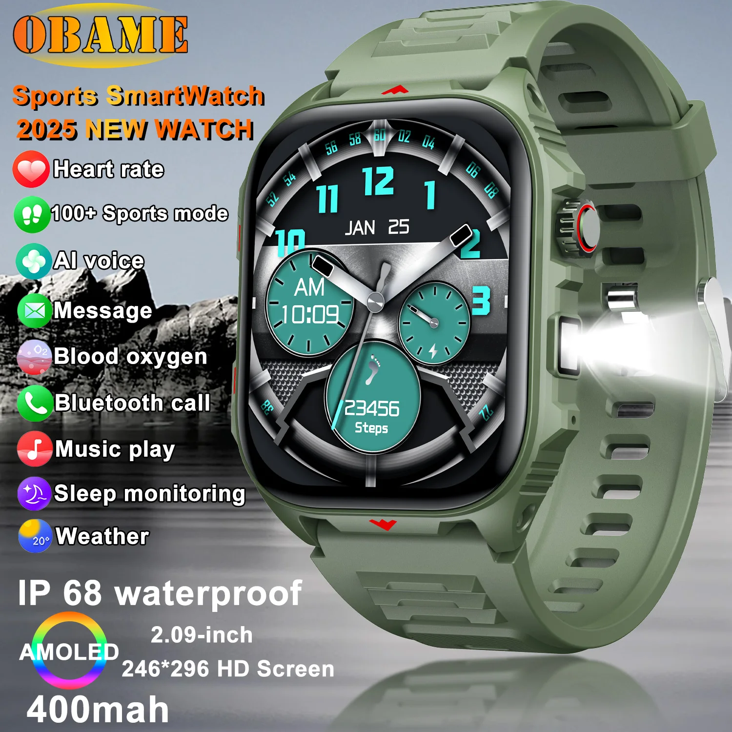 

New Outdoor Smart Watch Men 2.09-inch 400mAh LED flashlight SmartWatch Bluetooth call Heart rate Waterproof Sports Smartwatch