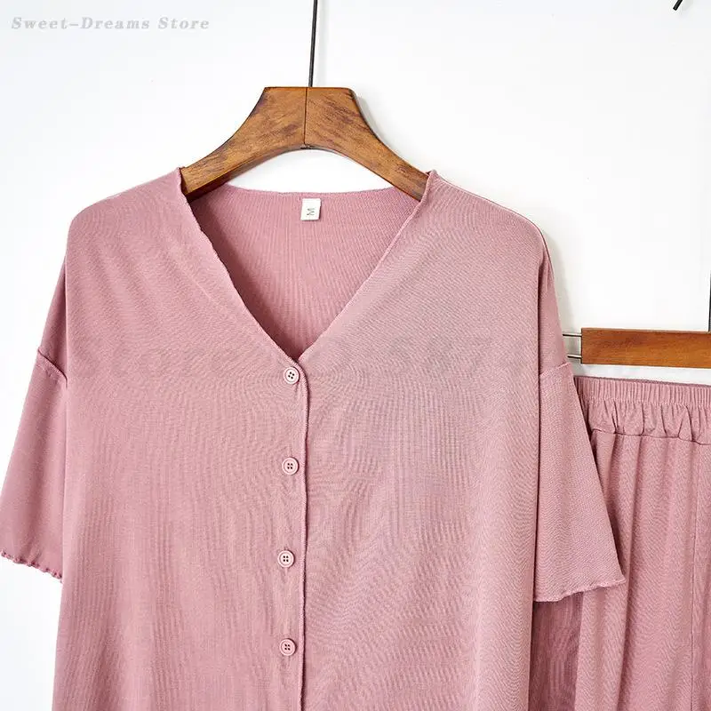 Sexy V-Neck Nightwear Summer Modal 2PCS Pajamas Set Home Wear Solid Color Simple Cardigan Shorts Sleepwear Loose Loungewear