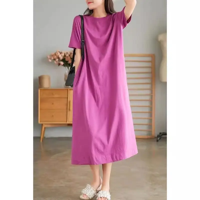 Robe t-shirt à manches courtes et col rond pour femme, vêtement surdimensionné, décontracté, mode féminine, couleur unie, ample, mi-longue, été