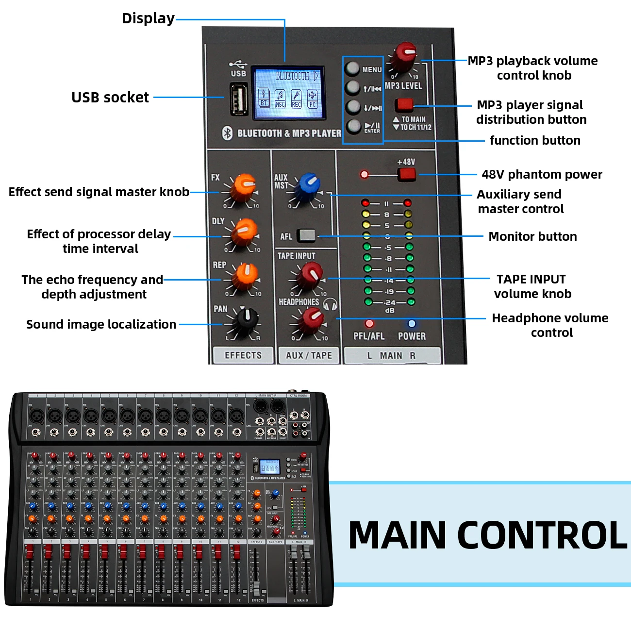 DEPUSHENG DX12 Professioneller Audio-Mixer 12-Kanal Studio-Audiokonsole USB MP3-Eingang 48V Phantomspeisung DJ-Konsole – Detail 8