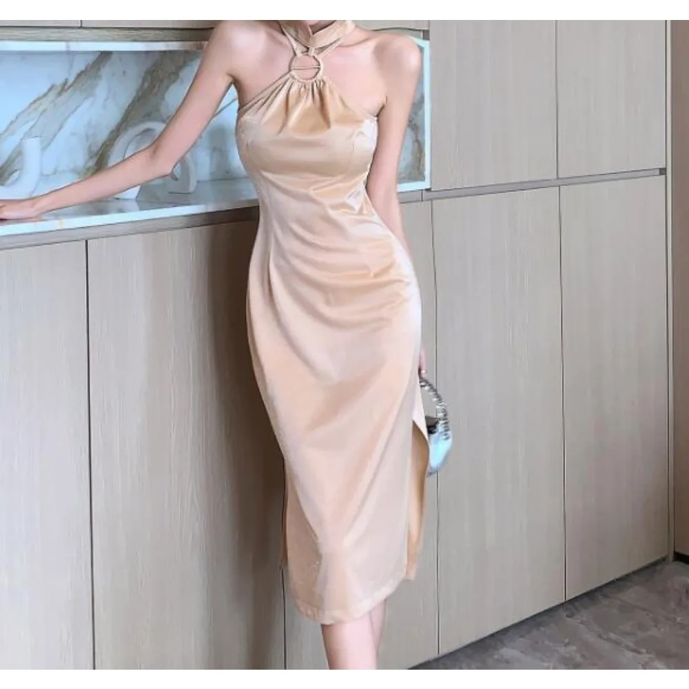 Elegante sexy aus geschnittene plissierte Satin Split ärmellose Neck holder Kleid Fee A-Linie Vestidos Frauen Strand süße Kleider