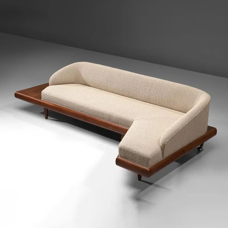 Medieval solid wood sofa, small apartment designer in the living room, retro wind wabi-sabi wind fabric art corner multi-person