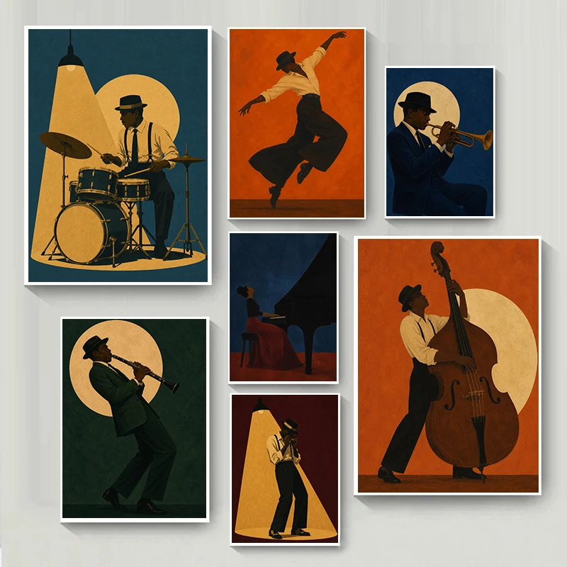 Jazz Mid Century Music Clarinet Player Harmonica Posters Retro Club Modern Prints Canvas Painting Wall Pictures Home Room Decor