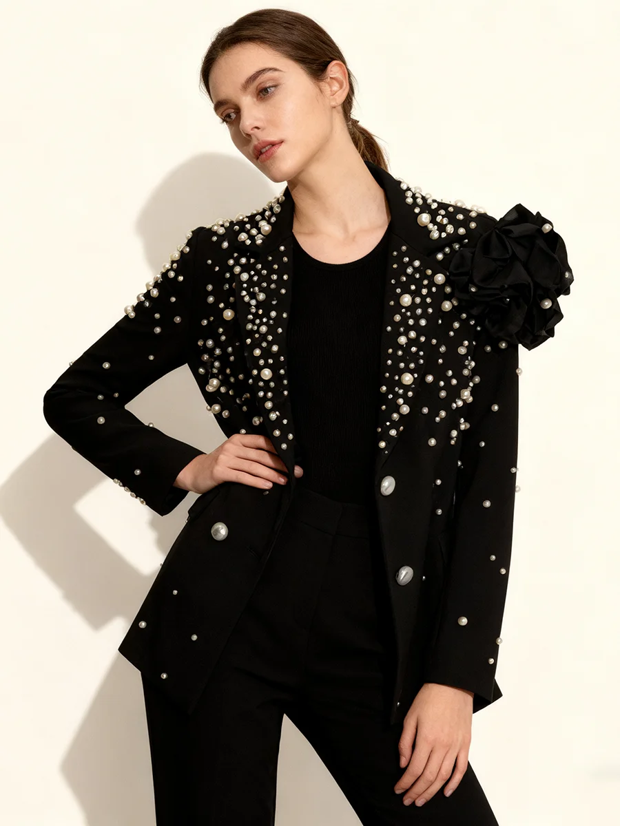 TWOTWINSTYLE Solido Impiombato Perline Eleganti Blazer per Le Donne Risvolto Maniche Lunghe Patchwork 3D Fiore Temperamento Giacca Sportiva Femminile Nuovo