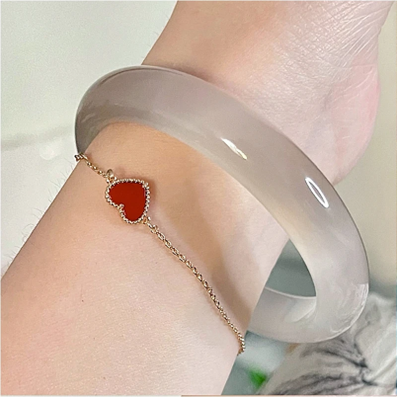 Natural High Ice White Moonlight Lychee Jelly Agate Bracelet Women's round Bar High-Grade Bracelet