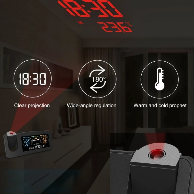 Kleurscherm Projectieklok met 2 alarmen Tijdtemperatuurvochtigheid Display Snooze -functie Remote Sensoren voor Home Kxre