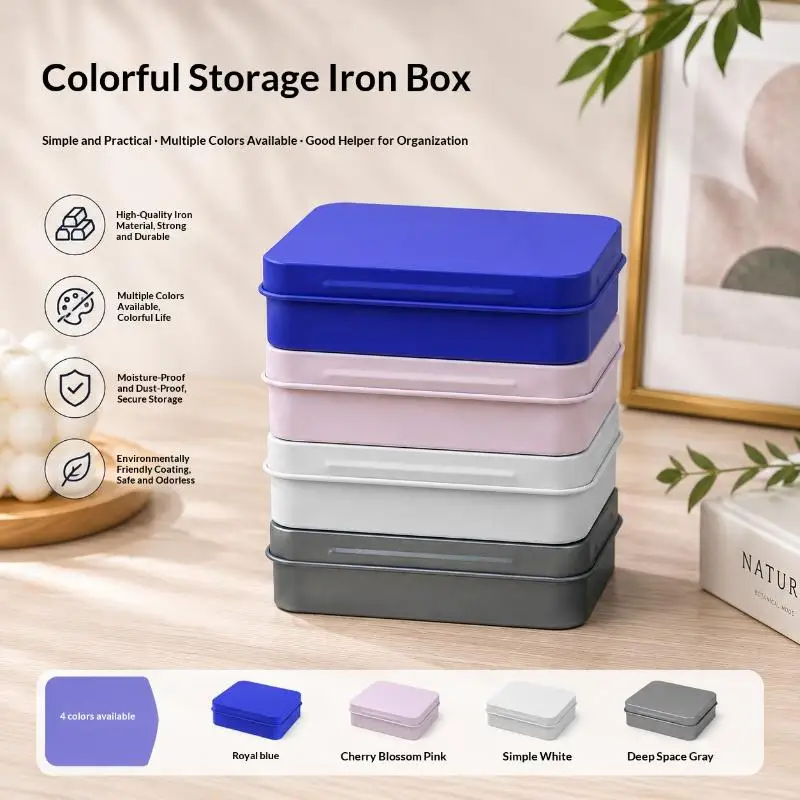 1PC Solid Color Rectangular Flip Cigarette Storage Tin Box Metal Candy Pill Cases Hinged Containers Small Drawer Organizer Box